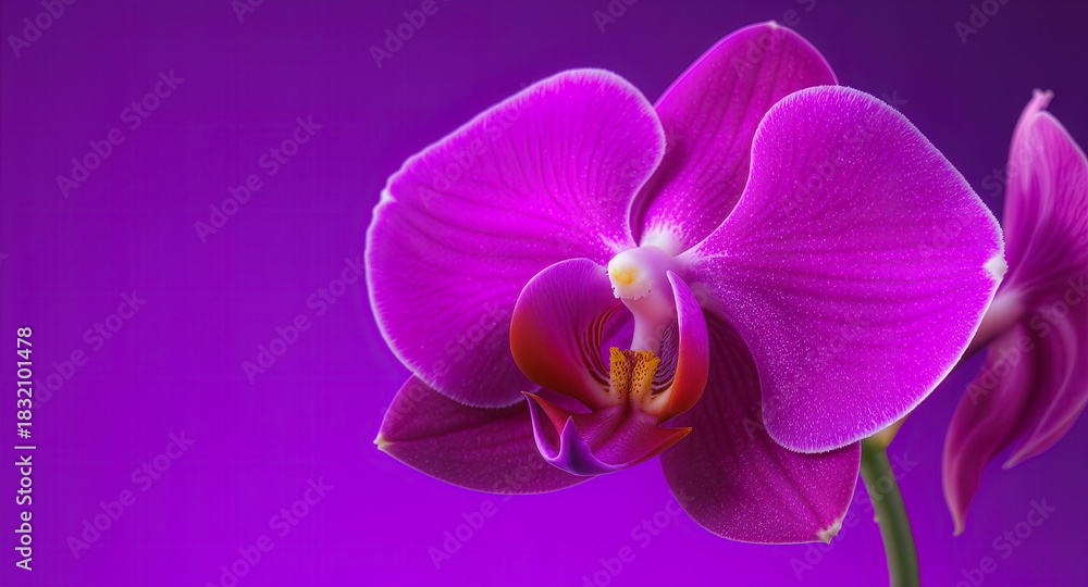 Fototapeta premium Bold purple orchid poised against a vibrant backdrop. Elegant violet orchid isolated in clean modern style. Bright purple orchid showcasing sleek minimal beauty