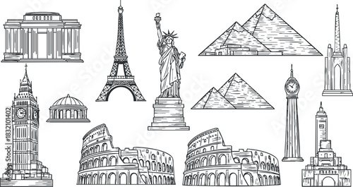 A collection of famous landmarks including the Eiffel Tower, Statue of Liberty, and Colosseum in black and white outline vector style, suitable for travel-themed designs