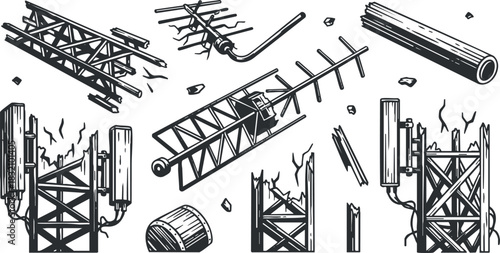 A collection of telecommunications towers, antennas, and equipment in black and white outline vector style, suitable for technology and engineering projects