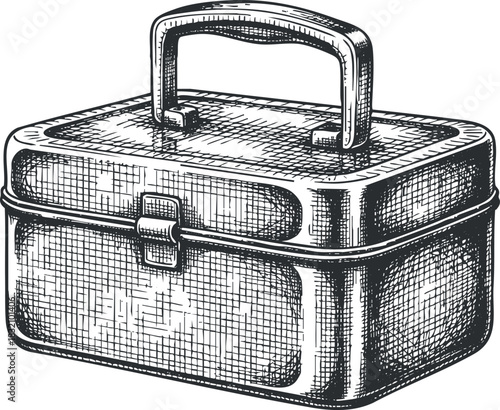 A vintage toolbox with a handle in detailed hand-drawn sketch style, suitable for crafts and DIY projects