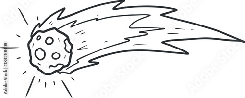 A comet with a fiery tail in a minimalist black and white outline vector style, ideal for educational materials about space