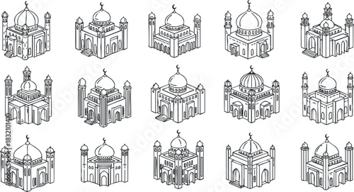 A collection of ornate mosque illustrations in black and white outline vector style, ideal for cultural and architectural designs