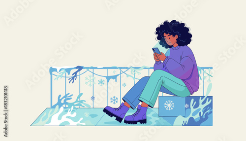 Young woman scrolls on smartphone outside on a snowy balcony ledge in winter Digital lifestyle illustration