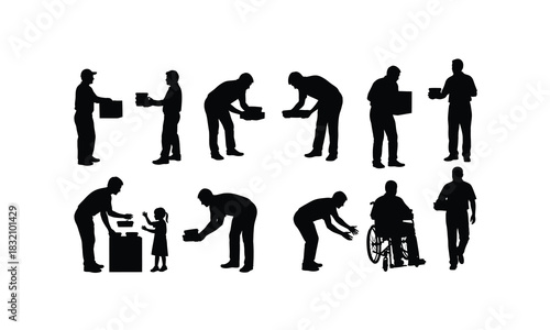 Silhouette of an ngo volunteer distributing food to people in various poses isolated on white background