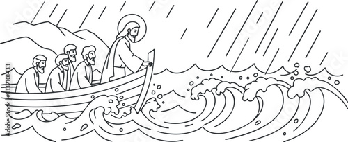 A line art illustration of fishermen on a boat during a storm at sea with Jesus, ideal for religious themes and storytelling