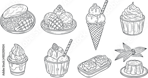 A collection of outline illustrations of various desserts including ice cream cones, cupcakes, and pastries in black and white vector style, perfect for food-related projects