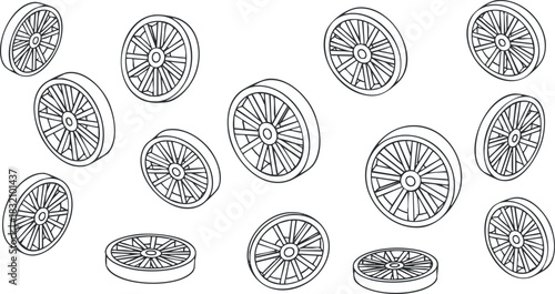 A collection of various wheels in outline vector style, perfect for automotive design and engineering projects
