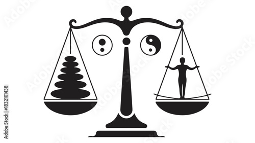 A balance scale with stones and a person balancing on a tightrope