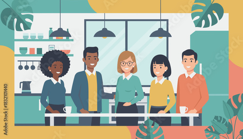 Diverse team smiling in modern office kitchen Successful business collaboration and break time