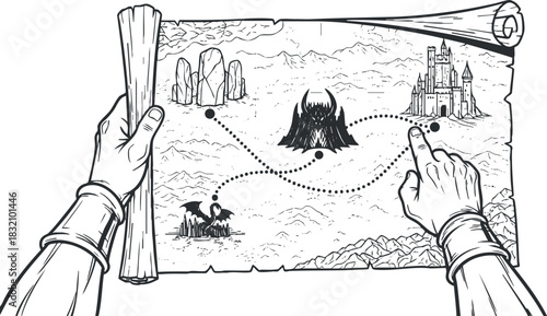 A detailed adventure map featuring a castle and mountains, in black and white vector style, suitable for fantasy storytelling and game design