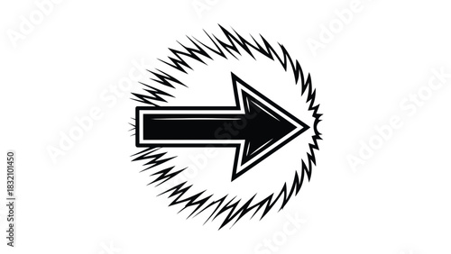 A black arrow pointing right surrounded by a burst of jagged lines
