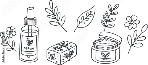 A collection of skincare products including a serum bottle, soap bar, and cream jar in black and white outline vector style, perfect for beauty and wellness branding