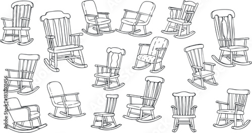A collection of various rocking chairs in outline sketch style, ideal for home decor and interior design projects