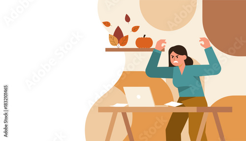 Work frustration Angry woman stressed at desk with laptop in fallthemed home office