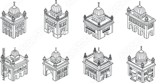 A collection of detailed outline vector illustrations of various architectural buildings with domes, suitable for cityscape design projects