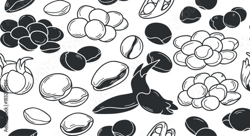 A collection of various beans, nuts, and seeds in black and white vector style, suitable for food packaging and healthy lifestyle branding