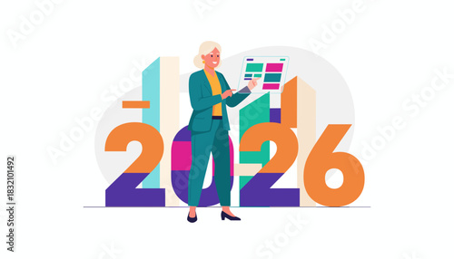 Senior business professional planning strategy for the future year 2026 using a digital screen