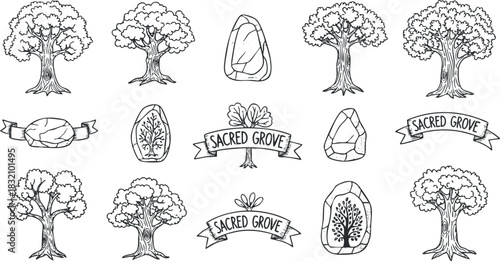 A collection of trees, rocks, and sacred grove banners in black and white outline vector style, suitable for nature-themed projects