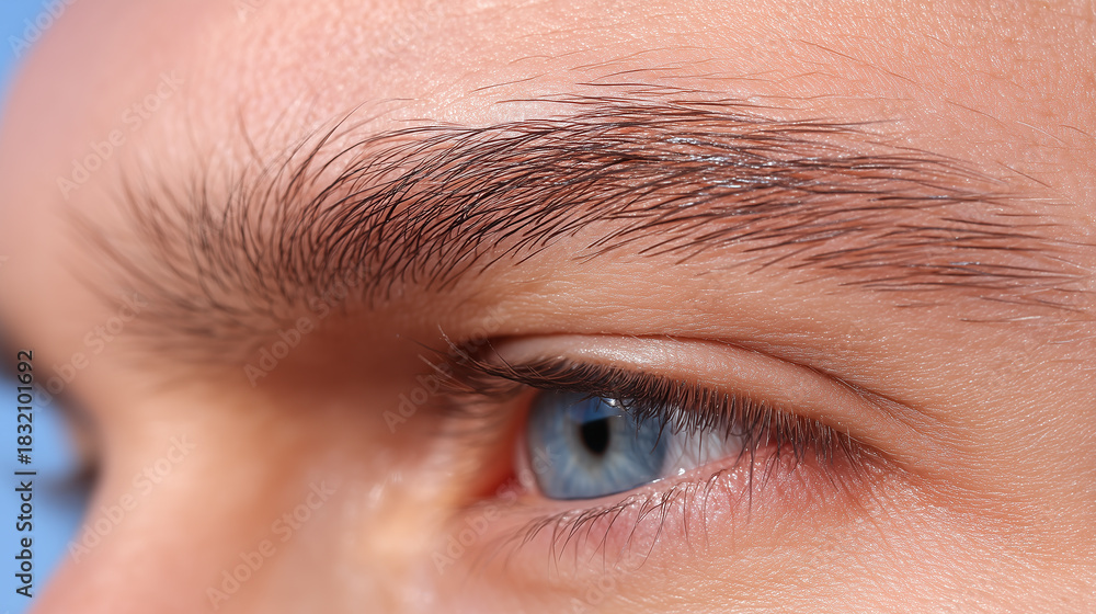 Obraz premium Close up eyebrow upper eyelid blue eye sunlit skin subtle pores natural texture healthy complexion detailed hair smooth surface youthful appearance