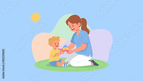 Caregiver and happy boy playing with building blocks representing childcare and development