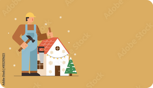 Contractor decorating or repairing a small house during winter flat design illustration