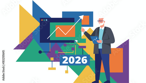Business expert presents rising graph forecast for 2026 on colorful abstract background