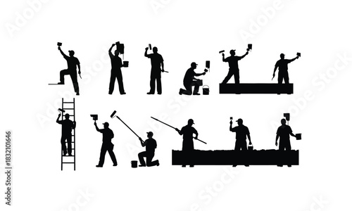 A painter in various poses depicted as a silhouette actively painting a wall presented as an isolated graphic on a clean white background isolated on white background