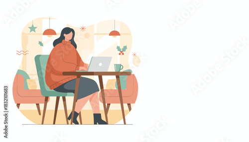 Woman working remotely on a laptop in a cozy winter cafe with holly decorations