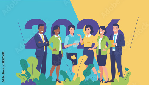 Diverse business team stands confidently before 2024 symbolizing success planning and corporate vision