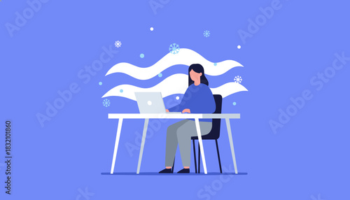 Remote work businesswoman typing on laptop in winter snowfall Freelance concept illustration