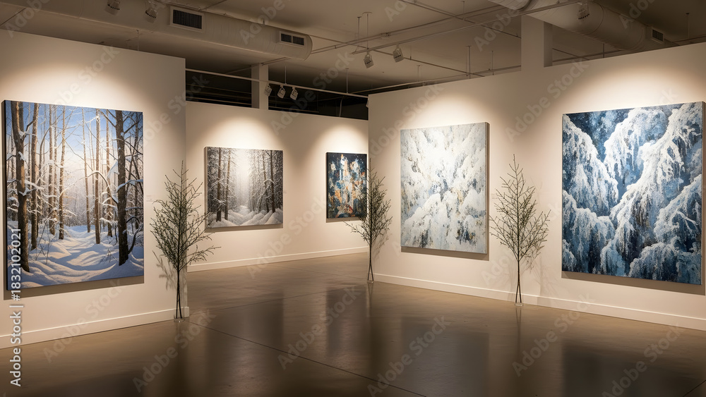 Fototapeta premium Art gallery interior showcasing several winter landscape paintings on wall