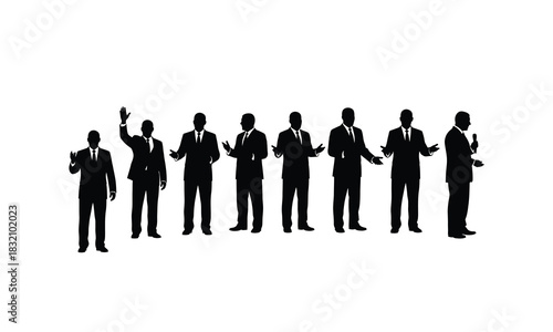 A principal addressing a school assembly with various poses depicted as a dynamic silhouette illustration isolated on white background