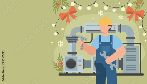 Illustration of HVAC repairman ensuring comfort during the Christmas and winter season