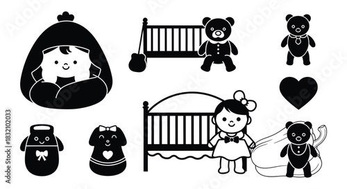 Baby crib teddy bear doll vector illustration nursery icons set