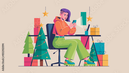 Stylish woman shopping or communicating on smartphone at a festive desk filled with gifts and trees