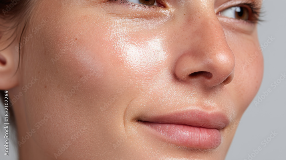Fototapeta premium Close up of woman nose and cheeks with glowing, healthy skin, smooth texture, natural complexion, and subtle smile, highlighting skincare and beauty concepts