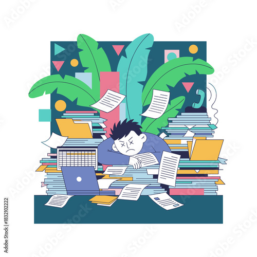 Stressed worker buried in paperwork Business burnout concept illustration