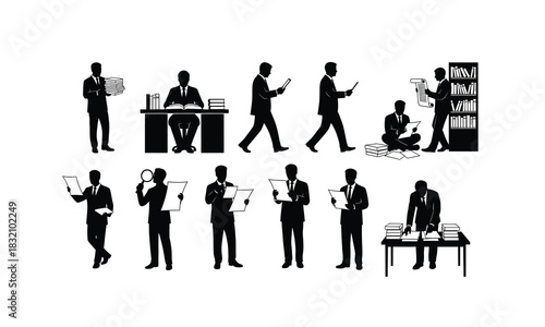 Diverse poses of a research scholar engrossed in reading documents presented as a clean silhouette isolated on a white background for versatile design applications isolated on white background