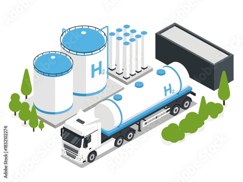 This isometric illustration depicts a modern hydrogen facility featuring two large H2 storage tanks, a bank of vertical cylinders, and a specialized tanker truck ready for clean energy distribution
