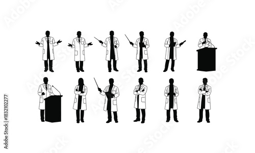 Diverse scientist poses in a black silhouette actively presenting and gesturing isolated on a clean white background for easy integration into various designs isolated on white background