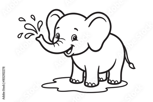 Cute Baby Elephant Spraying Water Coloring Page Vector Illustration.