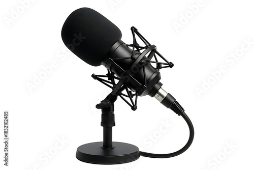 Black studio microphone with shock mount and desk stand isolated on dark background for podcast and streaming concepts