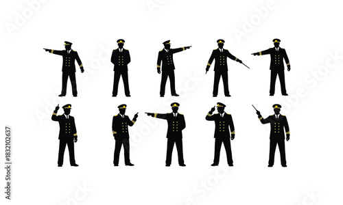 A ship captain in various commanding poses depicted as a silhouette against a clean white background conveying authority and maritime direction isolated on white background