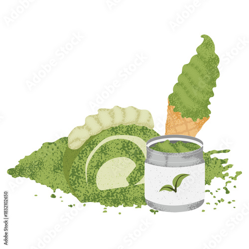 Matcha Roll Cake, Soft Serve, and Powder Dessert Set