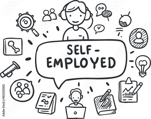 A collection of icons related to self-employment and freelancing in a hand-drawn doodle style, suitable for business and creative projects
