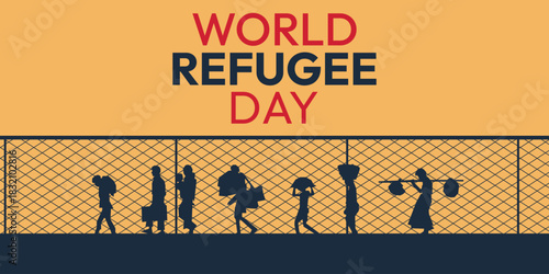 World refugee day. Refugee silhouette background template. A person forced to emigrate vector.