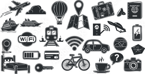 A collection of travel and transportation icons in black and white vector style, perfect for travel-themed projects and design