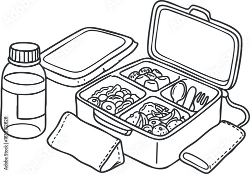 A lunchbox filled with various foods and a drink bottle in outline vector style, ideal for meal prep and healthy eating