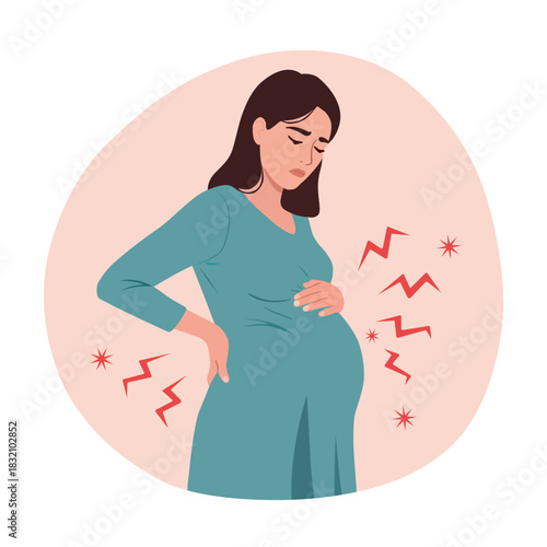 Pregnant woman suffering from back pain and abdominal discomfort during pregnancy
