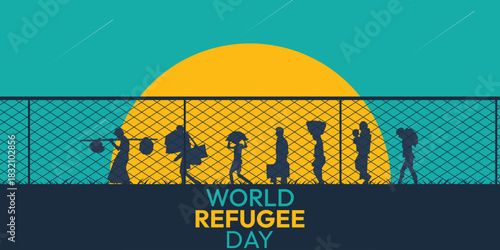 World refugee day. Refugee silhouette background template. A person forced to emigrate vector.
